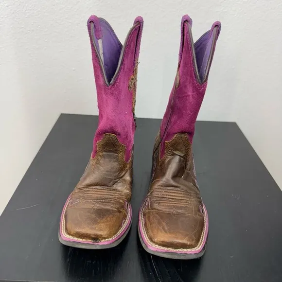 Ariat Kids Girls 12 Brown Pink Leather Western Cowgirl Crossroads Western Boots