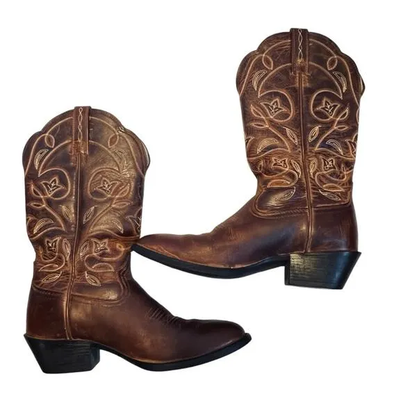 Ariat Women’s Sz 6.5 Brown Leather Embroidered Cowboy Boots Western Round Toe