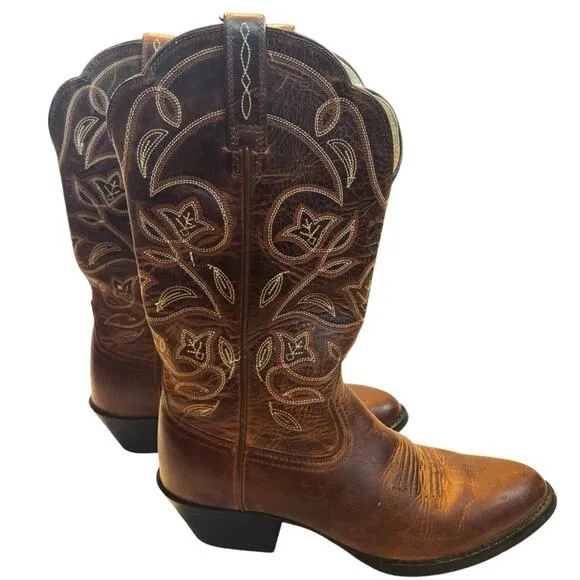Ariat Women’s Sz 6.5 Brown Leather Embroidered Cowboy Boots Western Round Toe