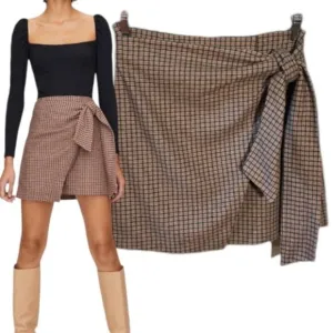 Aritzia Wilfred Dorine Plaid Wool Cashmere Faux Wrap Tie Front Mini Skirt Size 4