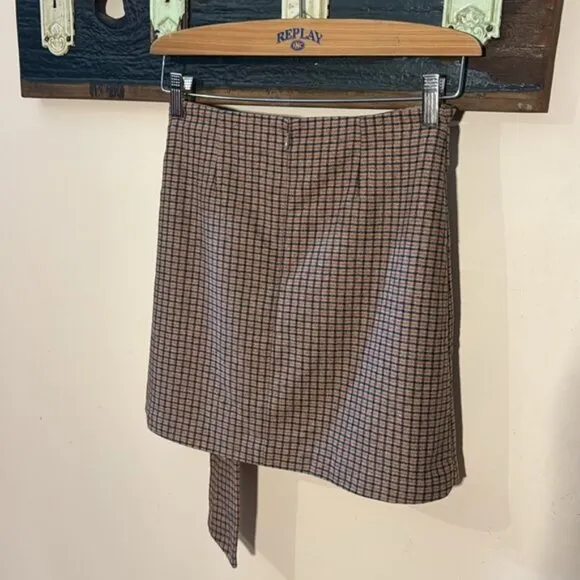 Aritzia Wilfred Dorine Plaid Wool Cashmere Faux Wrap Tie Front Mini Skirt Size 4