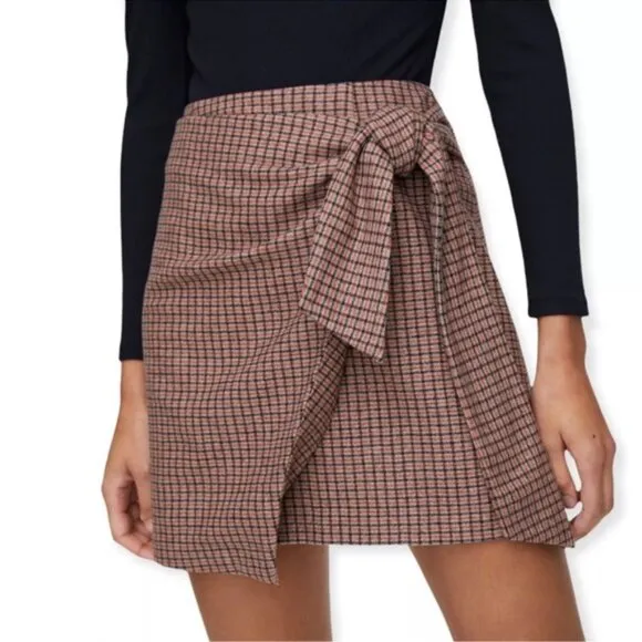 Aritzia Wilfred Dorine Plaid Wool Cashmere Faux Wrap Tie Front Mini Skirt Size 4