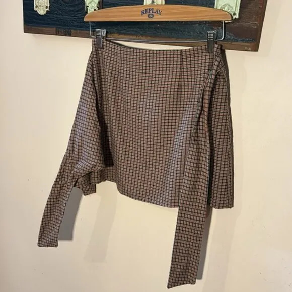 Aritzia Wilfred Dorine Plaid Wool Cashmere Faux Wrap Tie Front Mini Skirt Size 4