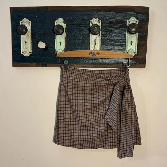 Aritzia Wilfred Dorine Plaid Wool Cashmere Faux Wrap Tie Front Mini Skirt Size 4