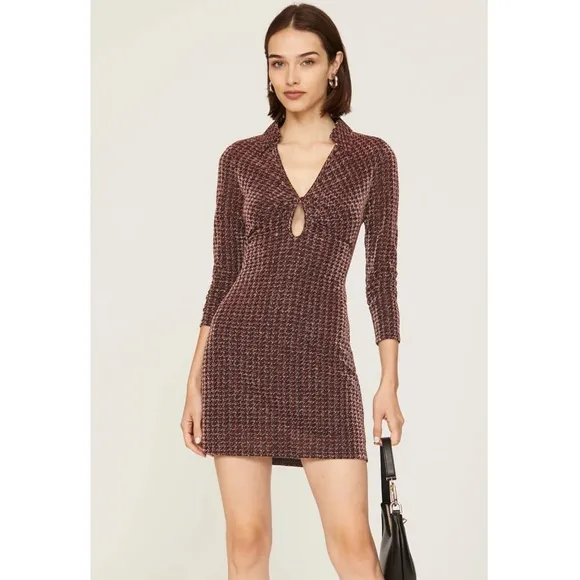 ASTR The Label Nia Copper Houndstooth Long Sleeve Mini Dress Size M