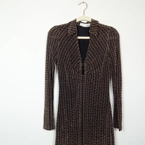 ASTR The Label Nia Copper Houndstooth Long Sleeve Mini Dress Size M