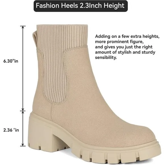 Athlefit Women's Chelsea Boots Nude Suede Ankle Boots Lug Sole Chunky Booties