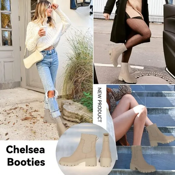Athlefit Women's Chelsea Boots Nude Suede Ankle Boots Lug Sole Chunky Booties