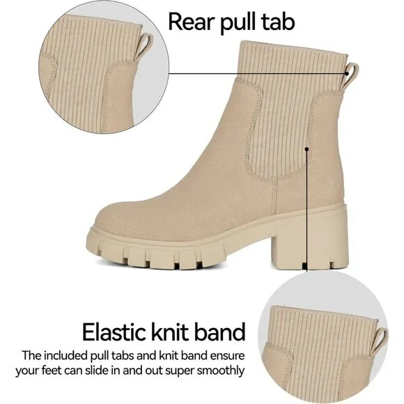 Athlefit Women's Chelsea Boots Nude Suede Ankle Boots Lug Sole Chunky Booties