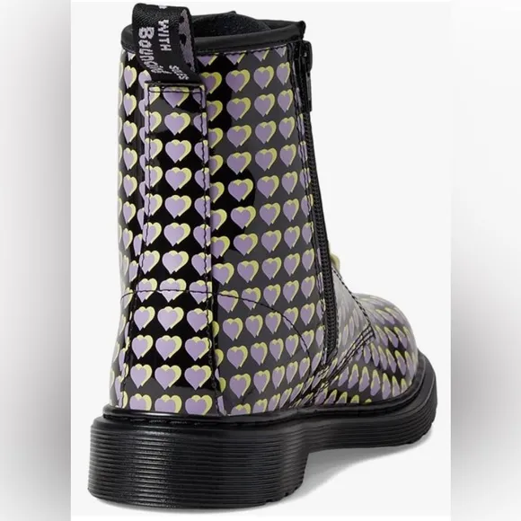 Authentic Doc Martens 1460 J size 2 patent leather black boots w/two tone hearts