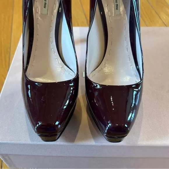 Authentic Miu Miu Dark Red Patent Platform Pumps Heels Shoes Sz 40 US 10
