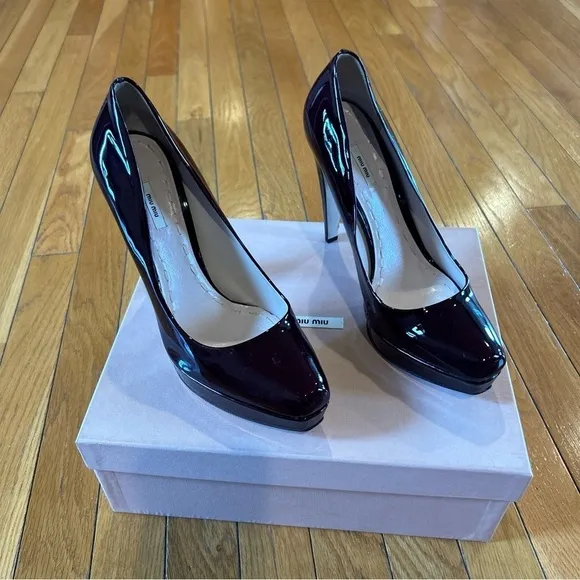 Authentic Miu Miu Dark Red Patent Platform Pumps Heels Shoes Sz 40 US 10