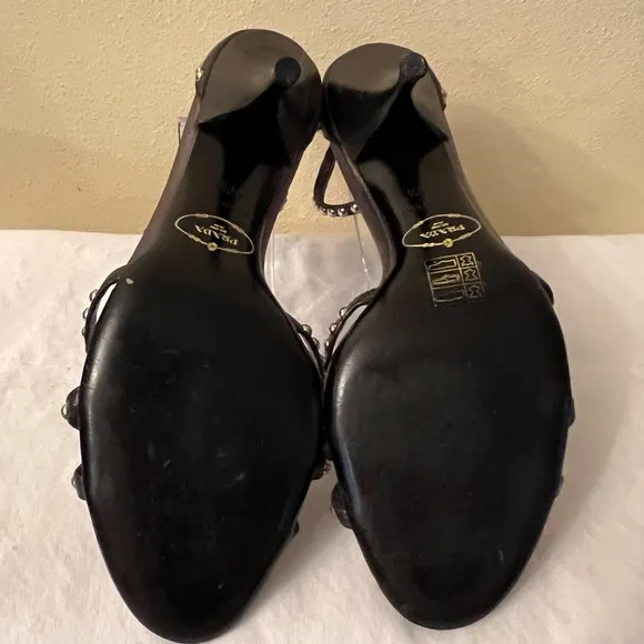 Authenticate Prada Studded Ankle Strap Heels, Black, Size 39-1/2/9, GUC