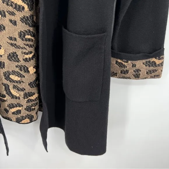 Avenue Leopard Print Black Long Sleeves Pocketed Open Drape Cardigan Nwt