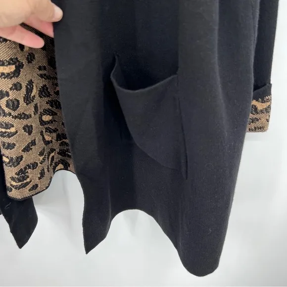 Avenue Leopard Print Black Long Sleeves Pocketed Open Drape Cardigan Nwt