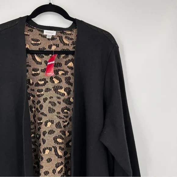 Avenue Leopard Print Black Long Sleeves Pocketed Open Drape Cardigan Nwt
