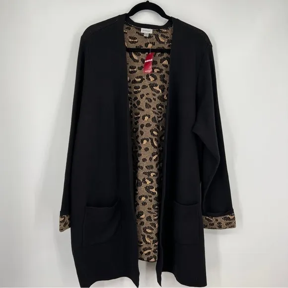 Avenue Leopard Print Black Long Sleeves Pocketed Open Drape Cardigan Nwt