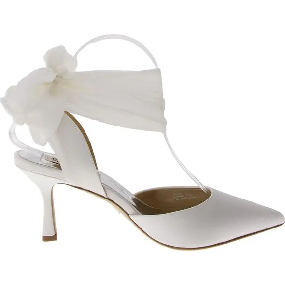 Badgley Mischka Womens Blaze White Satin Ankle Wrap Slingback Heels Shoes New