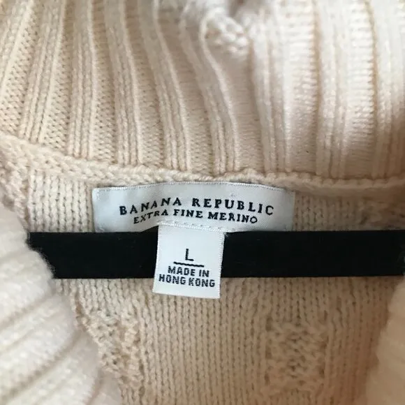 Banana Republic Cream Merino Wool Cable Knit Turtle Sweater Dress Size Large
