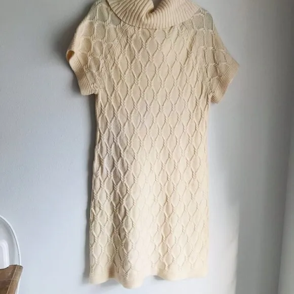 Banana Republic Cream Merino Wool Cable Knit Turtle Sweater Dress Size Large