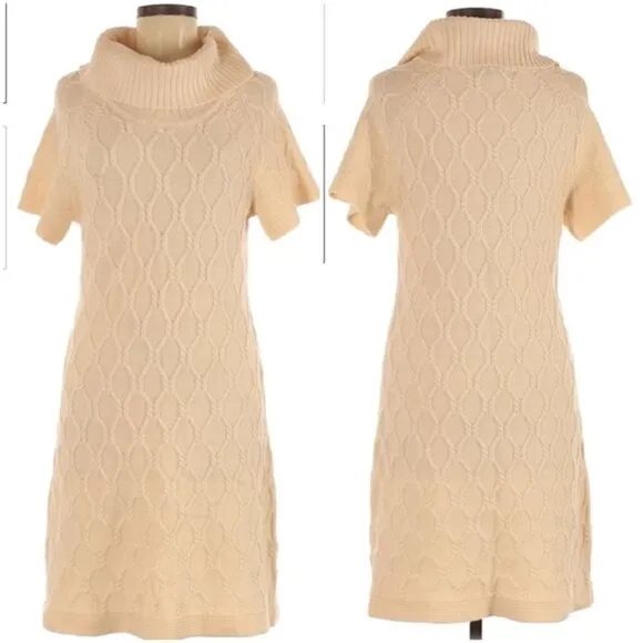 Banana Republic Cream Merino Wool Cable Knit Turtle Sweater Dress Size Large