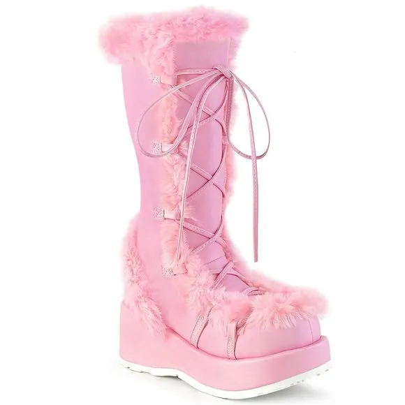Barbiecore Barbie Platform Faux Fur Trim Lace Up Boots
