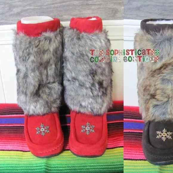 BARBO BOOTS LADIES FAUX SUEDE &amp; FAUX FUR BOOT RED &amp; BLACK