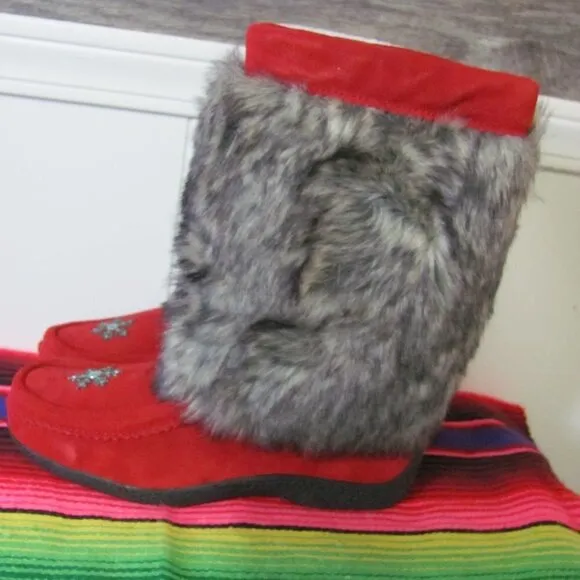 BARBO BOOTS LADIES FAUX SUEDE &amp; FAUX FUR BOOT RED &amp; BLACK
