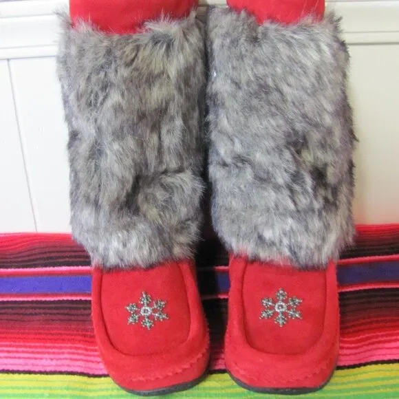 BARBO BOOTS LADIES FAUX SUEDE &amp; FAUX FUR BOOT RED &amp; BLACK