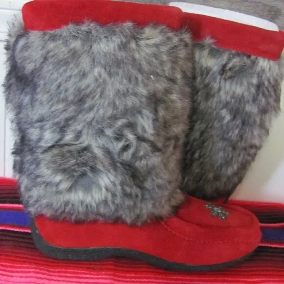 BARBO BOOTS LADIES FAUX SUEDE &amp; FAUX FUR BOOT RED &amp; BLACK