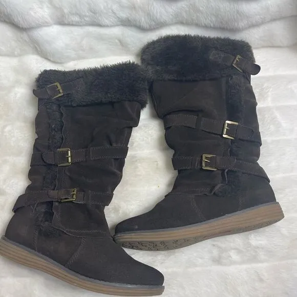 Bare Traps leather suede Brown knee high boots with faux fur lining size7.5M