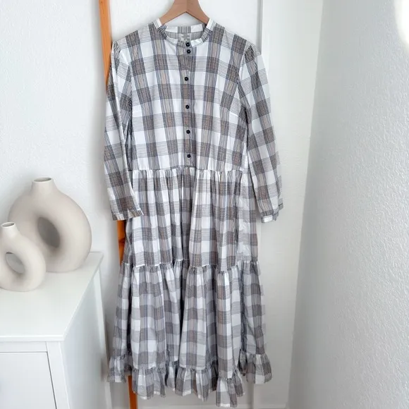 Baum und Pferdgarten Alexine Midi Long Dress Cream Navy Brown Plaid