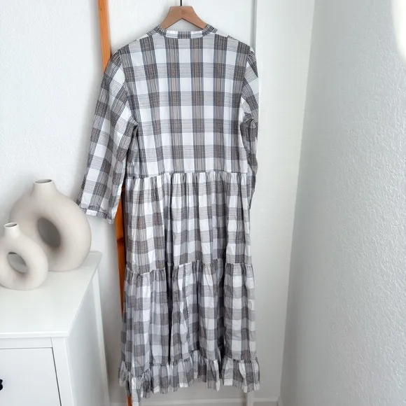 Baum und Pferdgarten Alexine Midi Long Dress Cream Navy Brown Plaid
