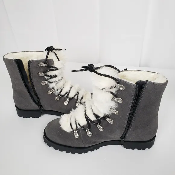 BearPaw Womens Vanna Gray Suade Faux Fur Lace up Boots Size 9
