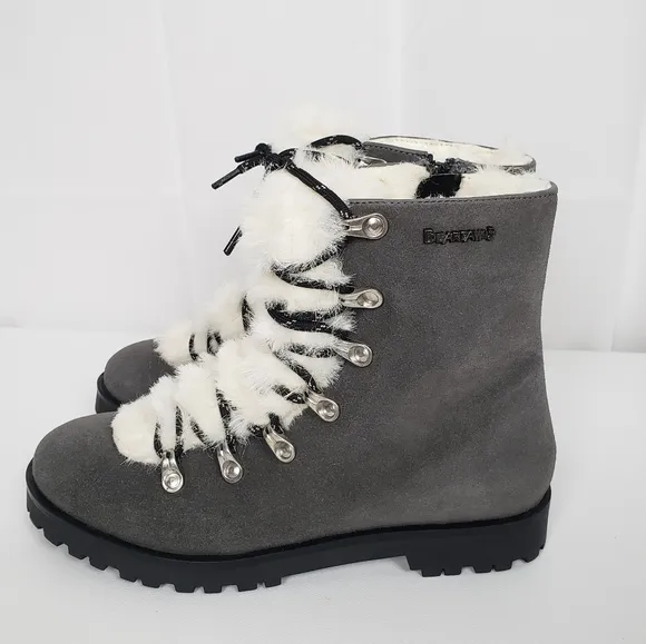 BearPaw Womens Vanna Gray Suade Faux Fur Lace up Boots Size 9