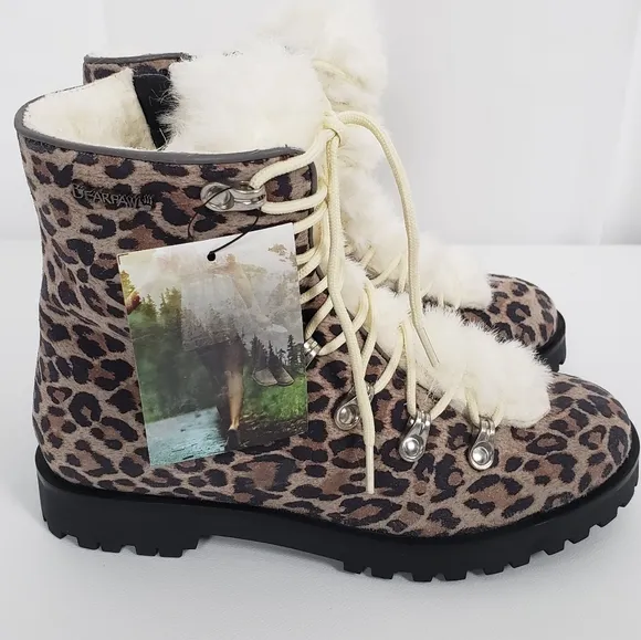 BearPaw Womens Vanna Suade Faux Fur Lace Up Leopard Print Boots Size 7