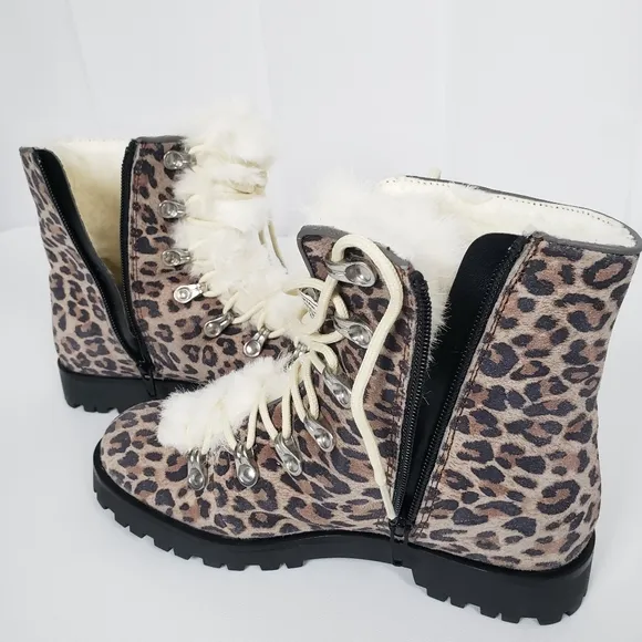 BearPaw Womens Vanna Suade Faux Fur Lace Up Leopard Print Boots Size 7