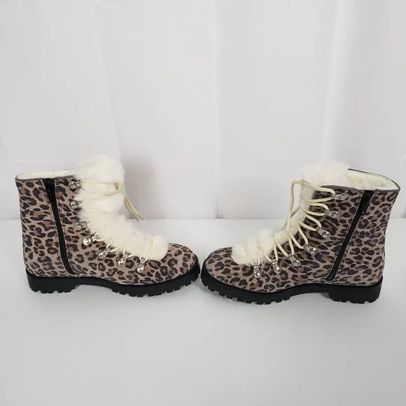 BearPaw Womens Vanna Suade Faux Fur Lace Up Leopard Print Boots Size 7