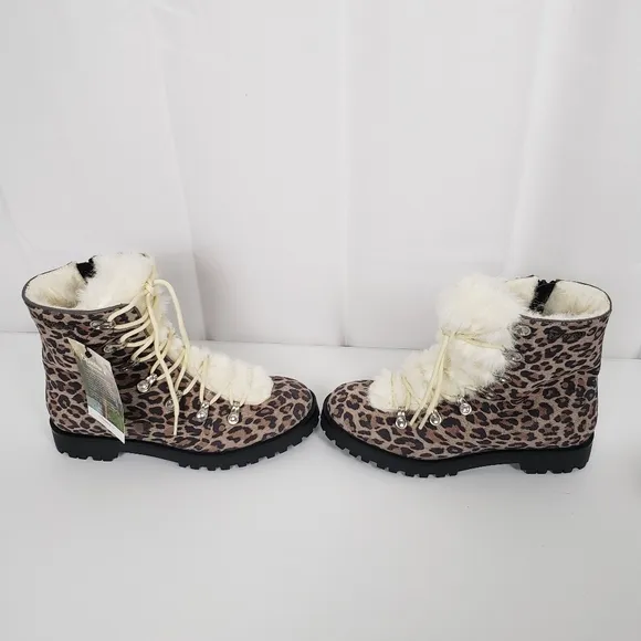 BearPaw Womens Vanna Suade Faux Fur Lace Up Leopard Print Boots Size 7