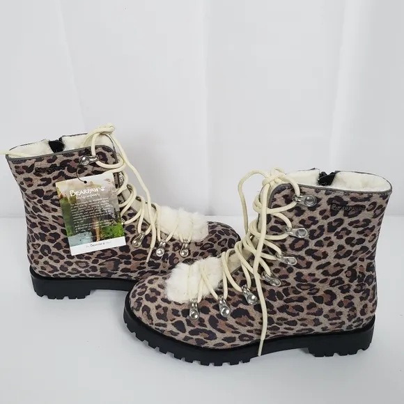 BearPaw Womens Vanna Suade Faux Fur Lace Up Leopard Print Boots Size 7