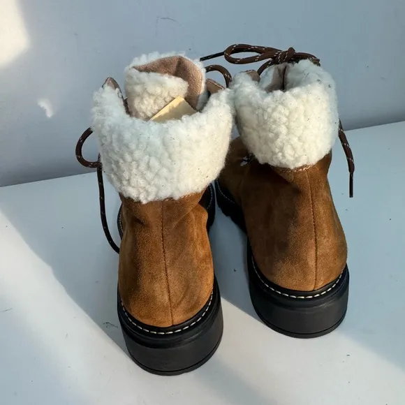 Bernardo Studio Women Dash Brown Suede Faux Fur Cuff Lace Ankle Boots sz 8.5