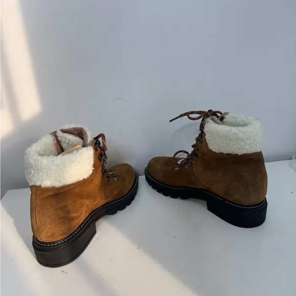 Bernardo Studio Women Dash Brown Suede Faux Fur Cuff Lace Ankle Boots sz 8.5