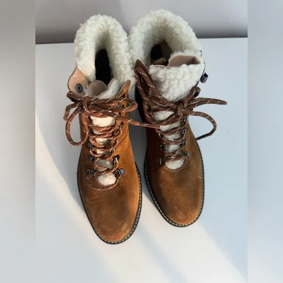 Bernardo Studio Women Dash Brown Suede Faux Fur Cuff Lace Ankle Boots sz 8.5