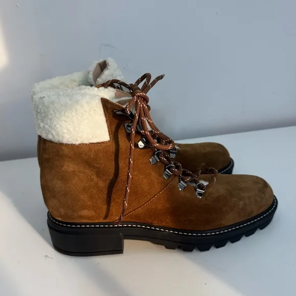 Bernardo Studio Women Dash Brown Suede Faux Fur Cuff Lace Ankle Boots sz 8.5