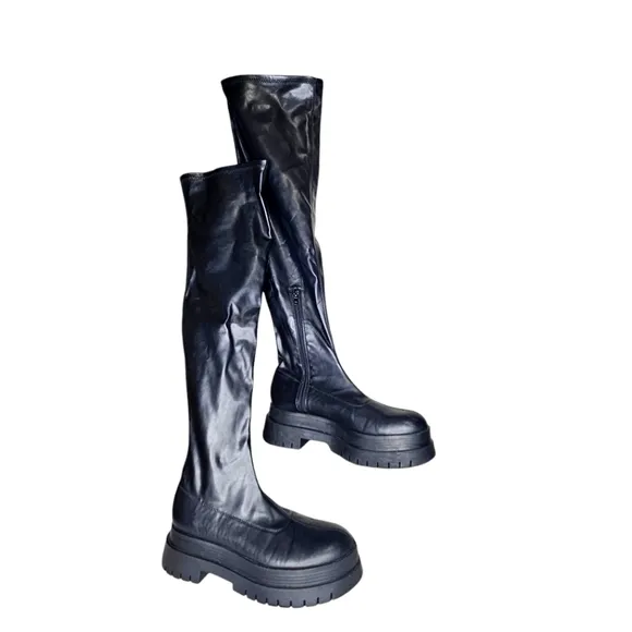 Bershka Over the Knee Faux Leather Chunky Platform Boots Black Moto Grunge 40 9