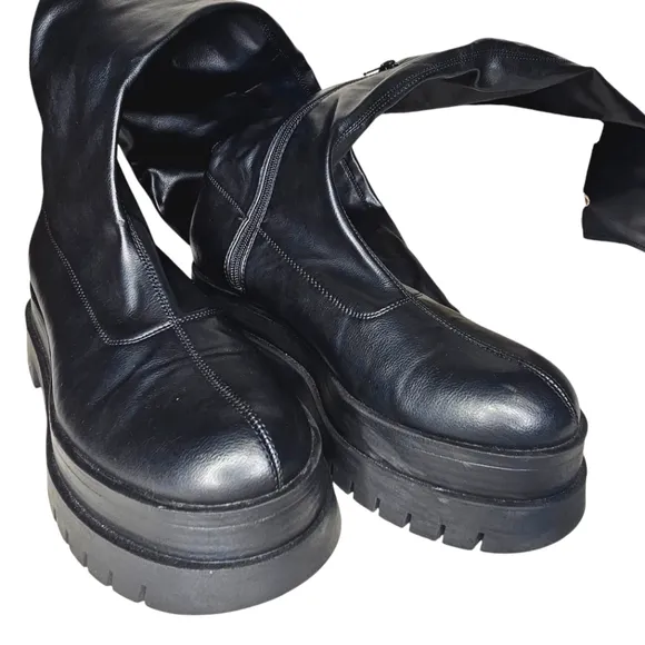 Bershka Over the Knee Faux Leather Chunky Platform Boots Black Moto Grunge 40 9