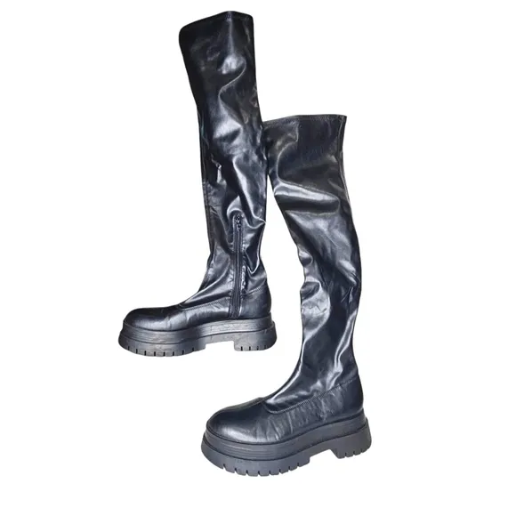 Bershka Over the Knee Faux Leather Chunky Platform Boots Black Moto Grunge 40 9