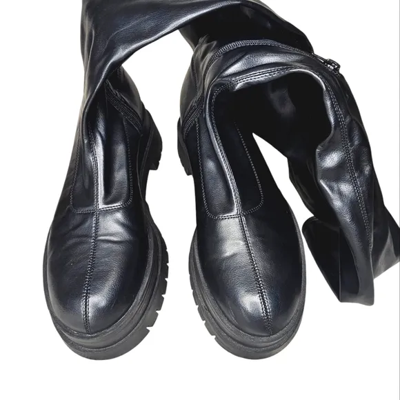 Bershka Over the Knee Faux Leather Chunky Platform Boots Black Moto Grunge 40 9