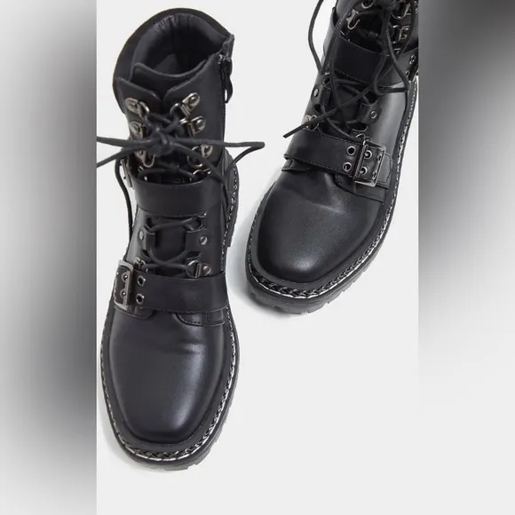 Biker boots military combat buckle chain faux leather