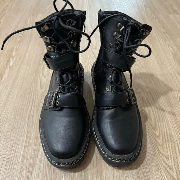 Biker boots military combat buckle chain faux leather